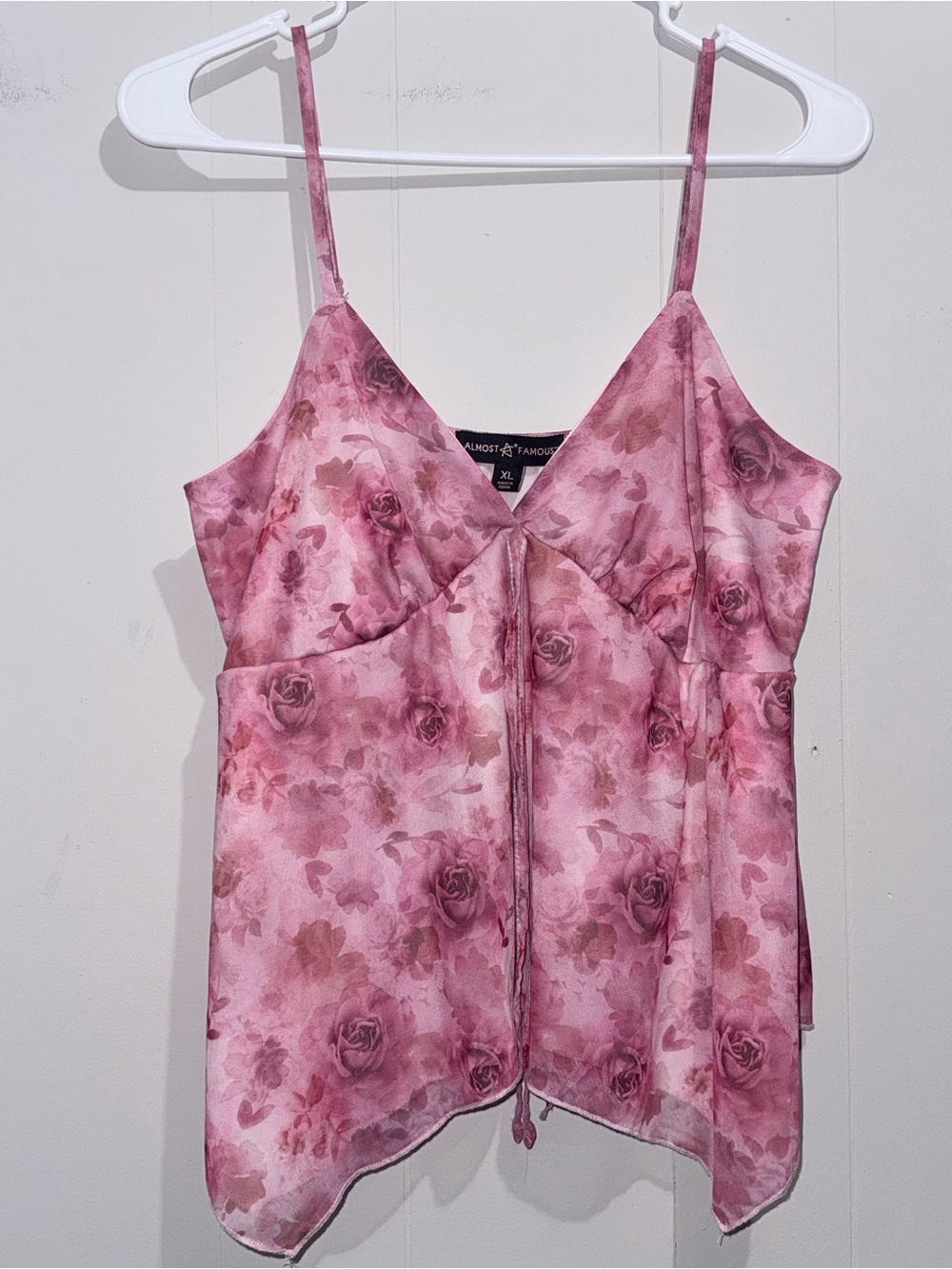 Almost Famous Pink Floral Mesh Handkerchief Babydoll Cami Top XL EUC